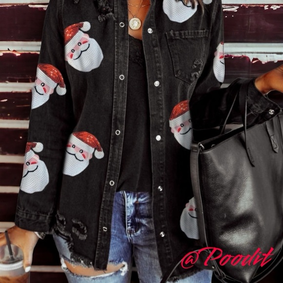 Sequin Santa frayed denim top/shacket S L XL - Picture 2 of 8